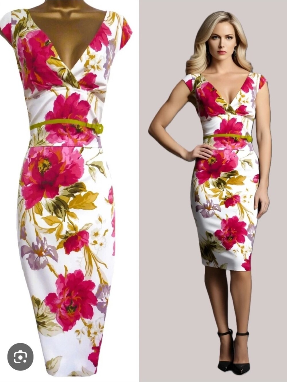 Karen Millen ecru Midi Dress Floral Print v-neck empire 40" long sz 00